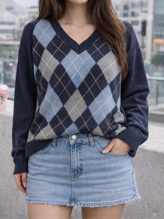Tommy Hilfiger Sweaters - Y2K Vintage Argyle Sweater V Neck Preppy Knit Classic